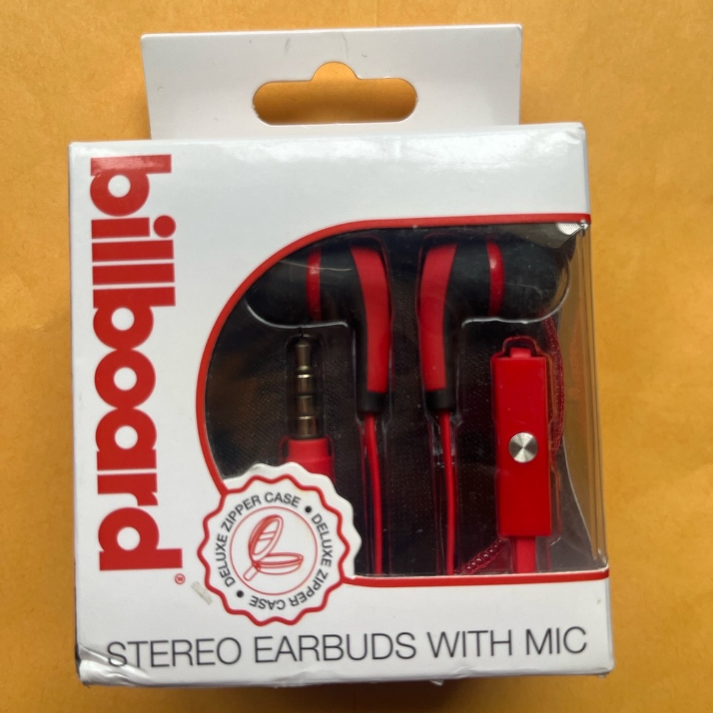 Red Billboard Earbud with Mic and Deluxe Zipper Case